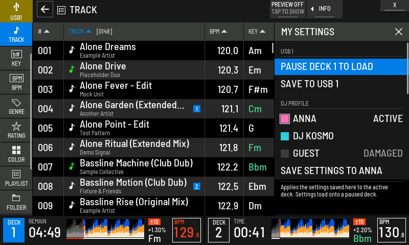 MY SETTINGS for USB 1 while deck 1 plays.