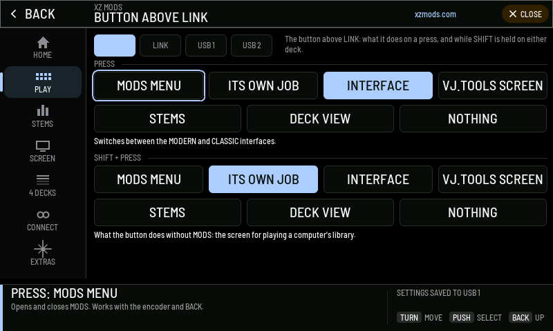 Both slots at their defaults. A press switches the interface, and SHIFT + press keeps the button's own job.