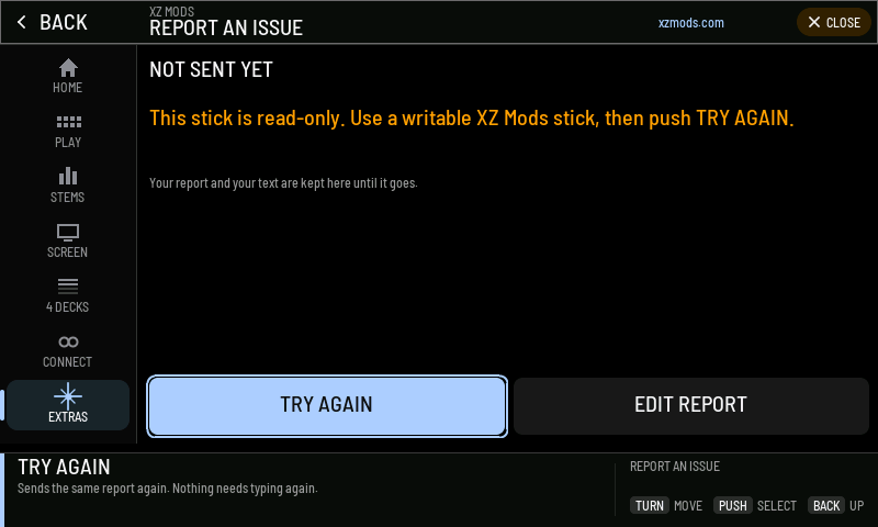 NOT SENT YET: the reason, TRY AGAIN and EDIT REPORT