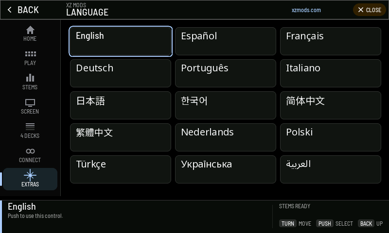 The LANGUAGE page with English chosen.