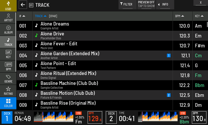 Keys coloured against deck 1's Fm