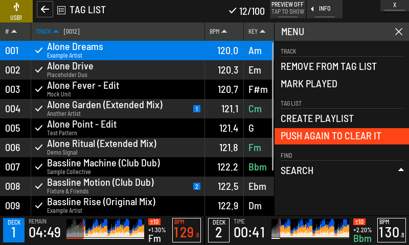 REMOVE ALL TRACKS armed: push again to clear the tag list