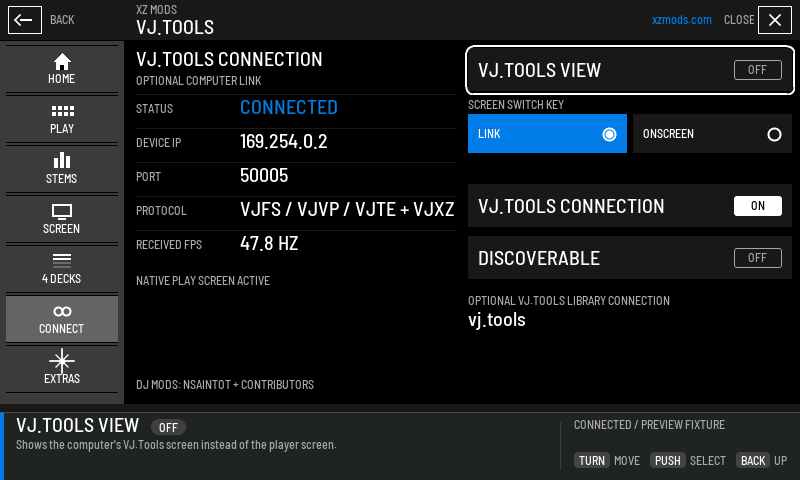 VJ.Tools connected and sending frames. The player still shows its own play screen.