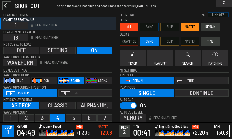 HOT CUE AUTO LOAD has choices; QUANTIZE BEAT VALUE and AUTO CUE LEVEL are read-only in this fixture