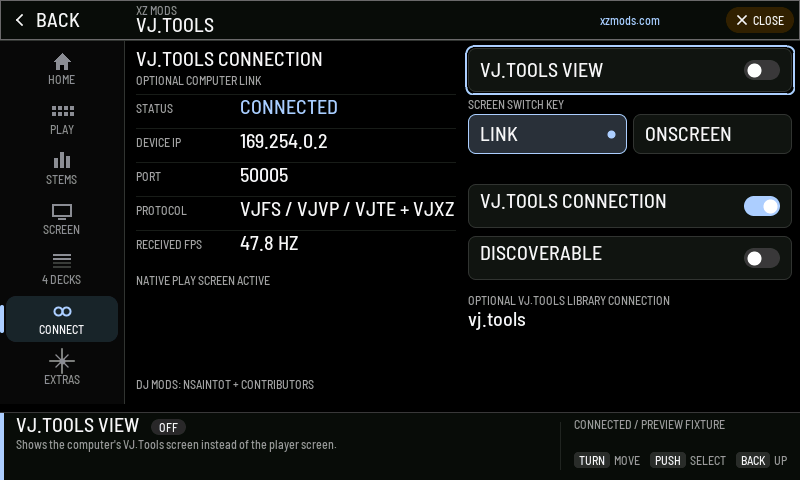 VJ.Tools connected and sending frames. The player still shows its own play screen.