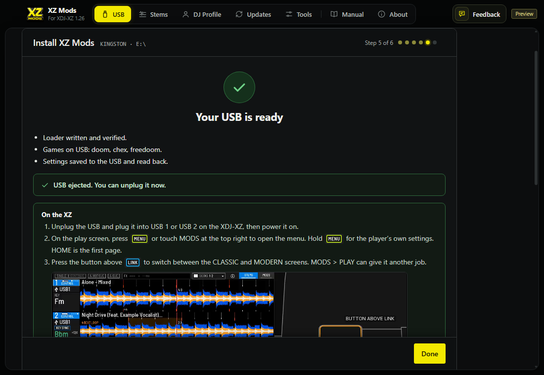 The USB is ejected and can be unplugged