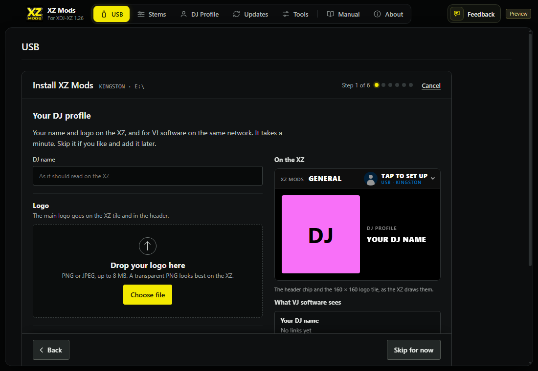 Your DJ profile. Skip for now leaves it for later