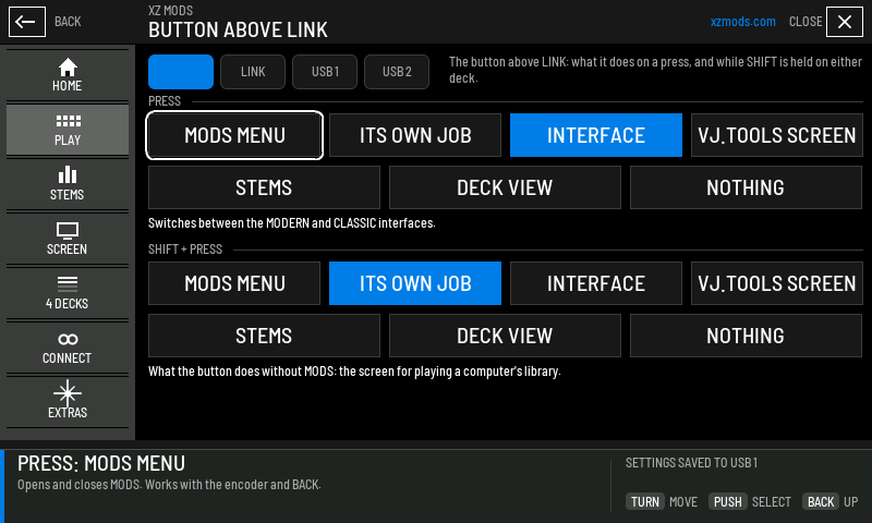 Both slots at their defaults. A press switches the interface, and SHIFT + press keeps the button's own job.
