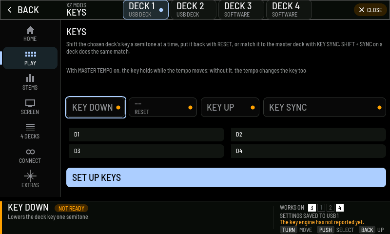 The KEYS page before the key engine reports, with SET UP KEYS