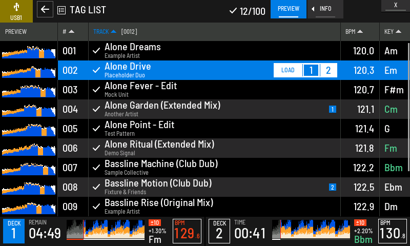 The tag list with 12 of 100 tracks, one row touched