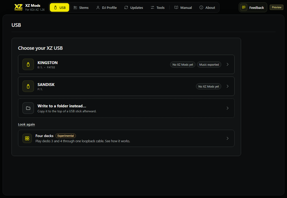 Several USBs. Each card says whether XZ Mods is on it yet and whether it holds music exported from your DJ software