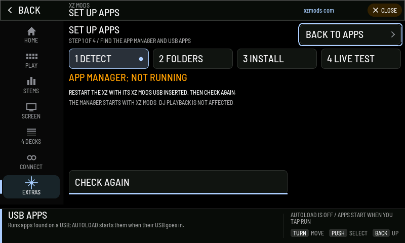 Step 1 of SET UP APPS, with the app manager not running.