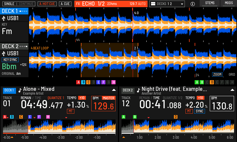 ECHO on: the readout fills red, with the beat, the time in milliseconds and the FX BPM