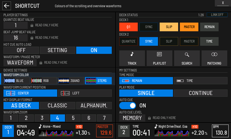 The waveform colour row with STEMS chosen
