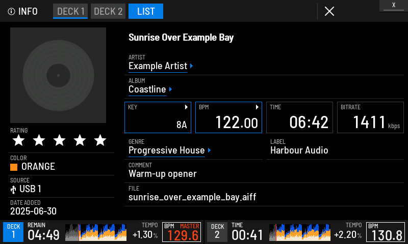 INFO for the track highlighted in a list, in its own tab