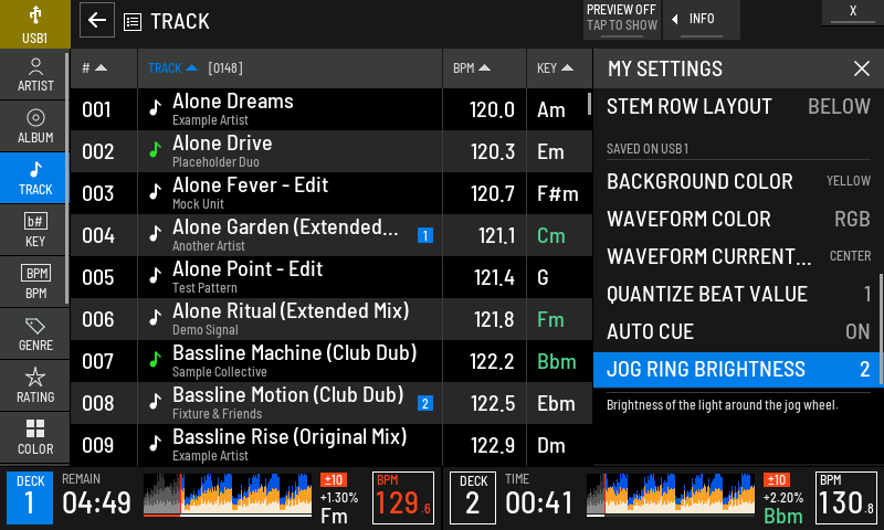 SAVED ON USB 1. The settings on the stick, with help for the highlighted one