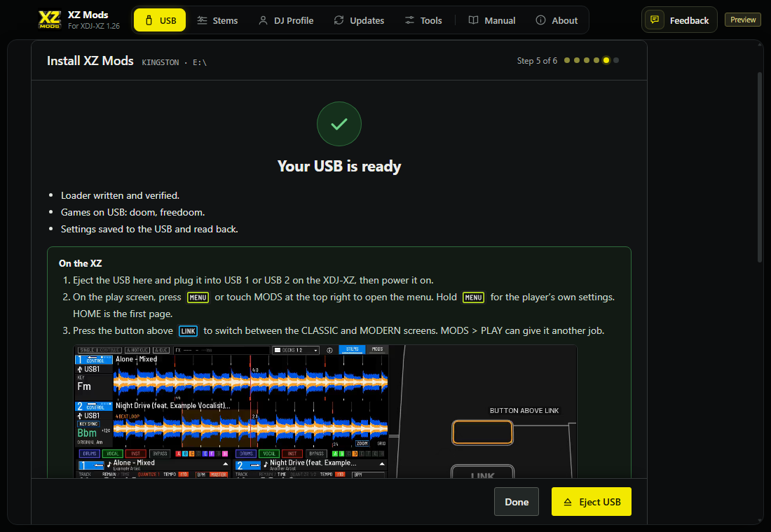 Your USB is ready. Four decks and the optional support link follow further down.