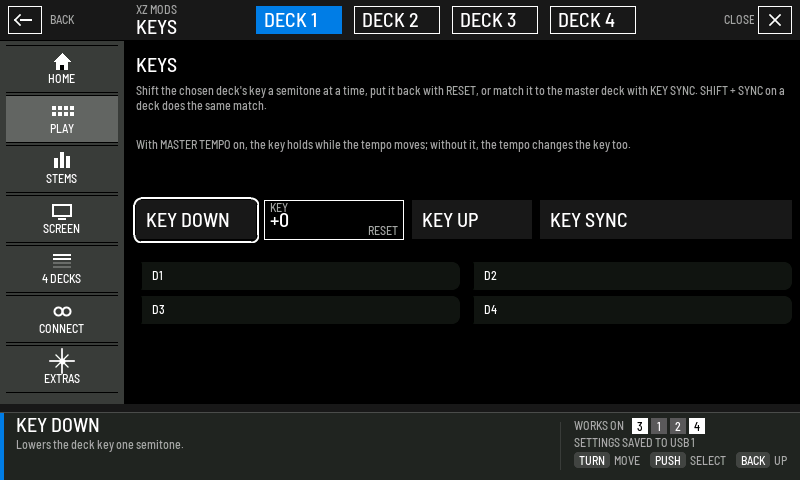 The KEYS page for deck 1 with the key engine ready. The deck is in its own key.