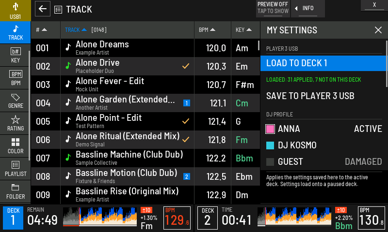 After a load. How many settings applied and how many do not exist on this deck