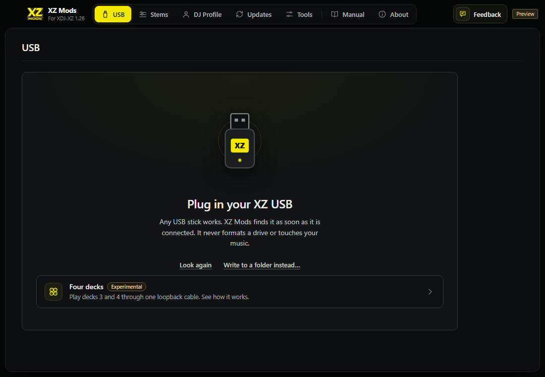 No USB yet. The app keeps looking, so plug one in. Write to a folder instead… prepares a folder on this computer