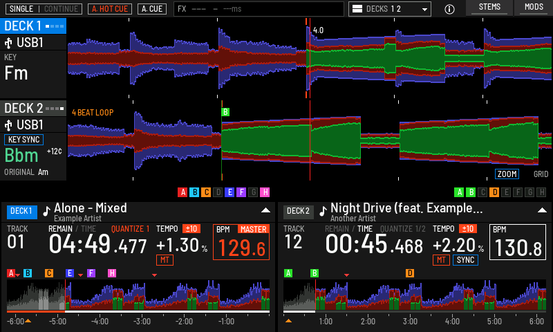 The STEMS waveform at full zoom on the play screen