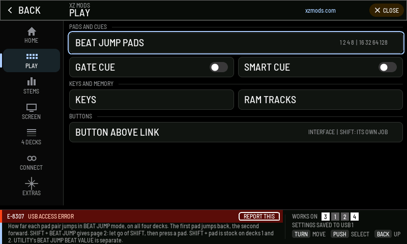 A player warning in the dock while MODS is open.
