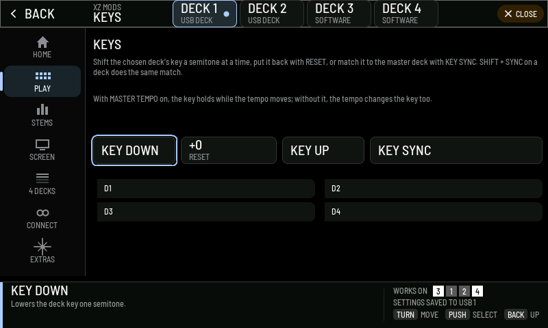 The KEYS page for deck 1 with the key engine ready. The deck is in its own key.