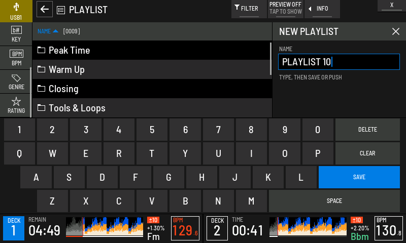 Naming a new playlist on the keyboard