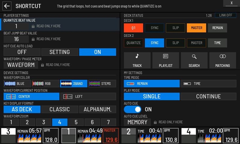 SHORTCUT with four decks before the software players report. No DECK SELECT yet