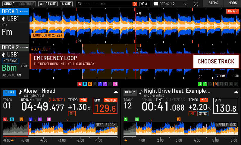 EMERGENCY LOOP. The deck loops until you load a track