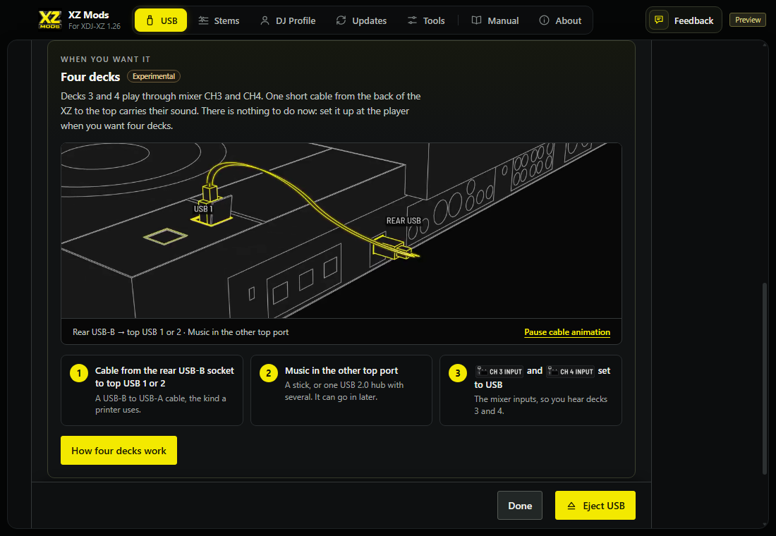 The Four decks section on the done screen.