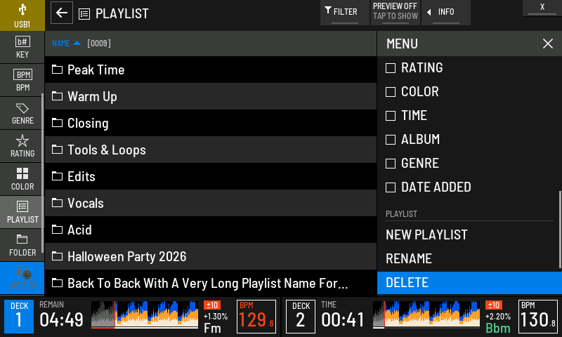 The playlist list with its MENU panel open and DELETE highlighted.