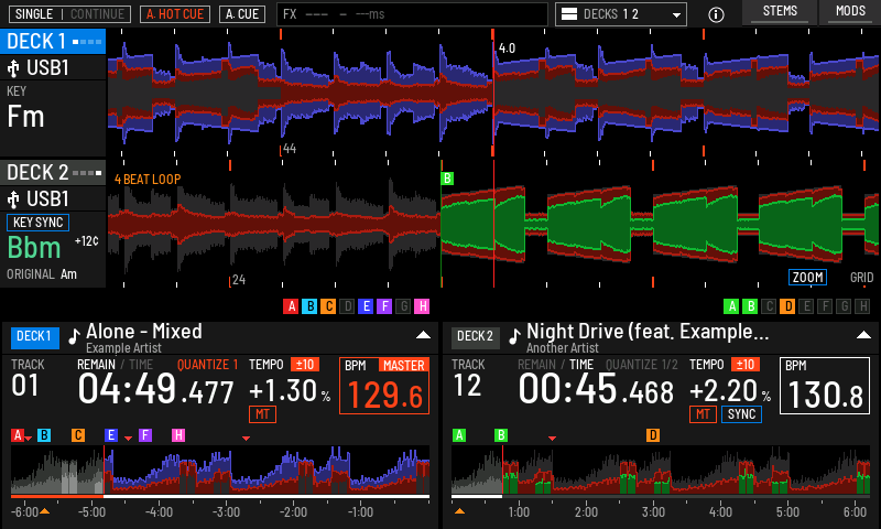 STEMS waveform with stems muted on both decks