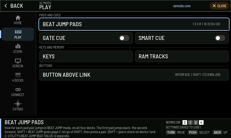 The PLAY page with the default settings: gate cue and smart cue off, the default jump sizes, and the button above [[LINK]] on INTERFACE.