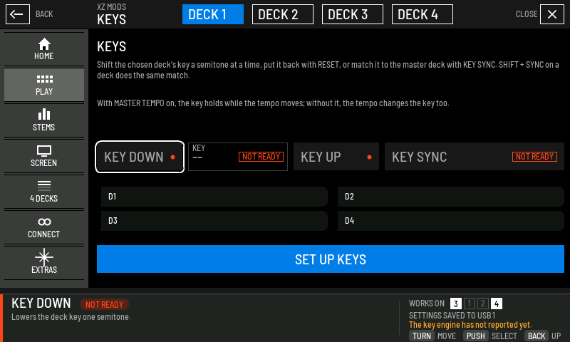 The KEYS page before the key engine reports, with SET UP KEYS