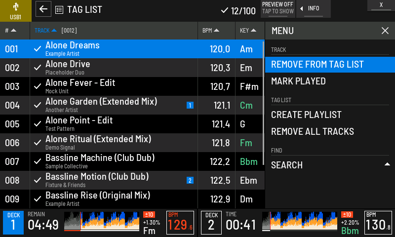 MENU in the tag list: REMOVE FROM TAG LIST, CREATE PLAYLIST and REMOVE ALL TRACKS