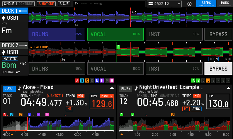 BELOW / FULL rows. Deck 1 plays its stems with INST muted. Deck 2 is bypassed and plays the whole track.