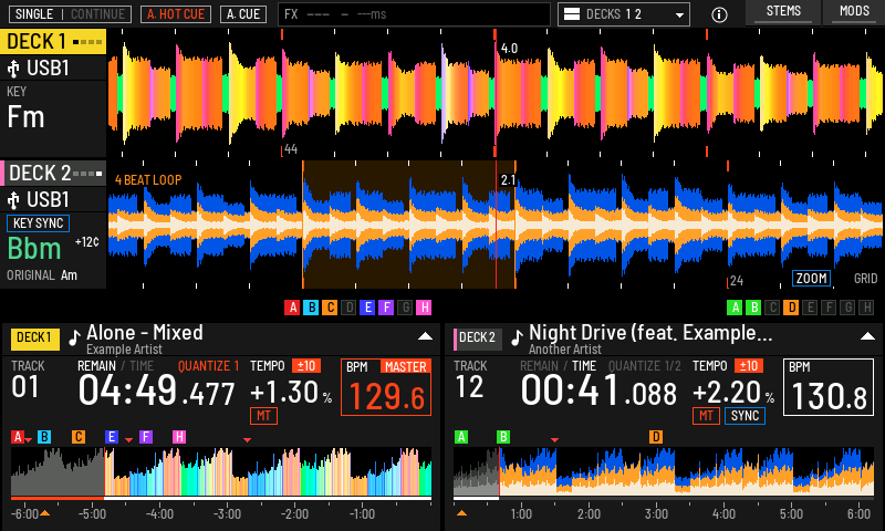 TRACK COLOURS DECK + WAVE. Deck 1 comes from a yellow USB set to RGB waveforms, deck 2 from a pink USB