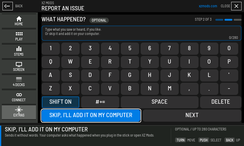 Step 2, before you type. SKIP is lit: one push goes on without words.