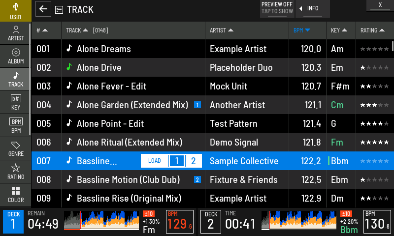 Six columns with PREVIEW off, sorted by BPM, highest first