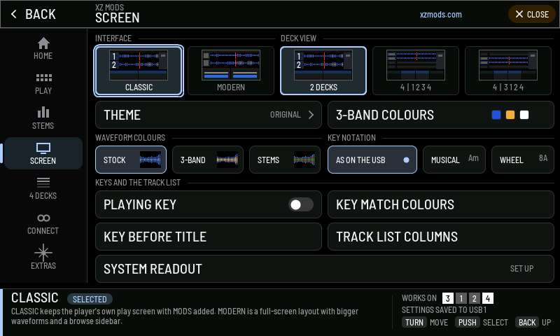 INTERFACE is the first choice on the SCREEN page.