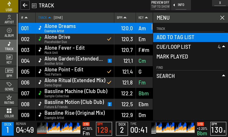 The MENU panel on a track list, with three tracks already in the tag list.