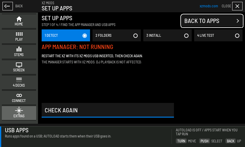 Step 1 of SET UP APPS, with the app manager not running.