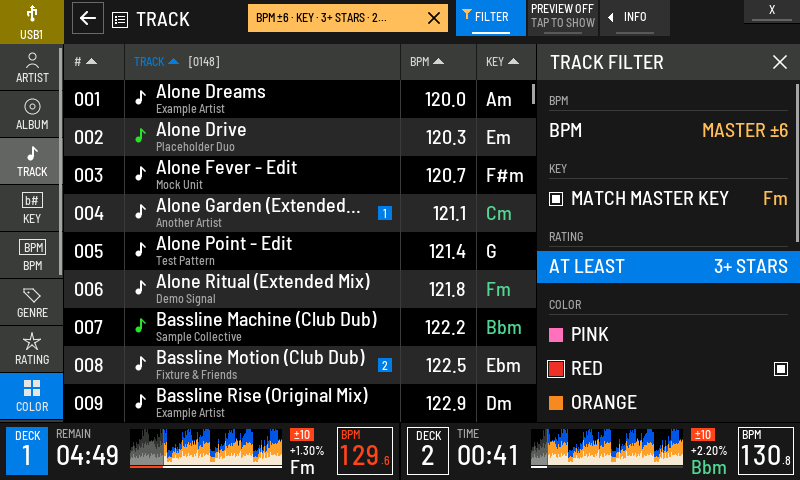 TRACK FILTER with BPM, key, rating and colour filters on