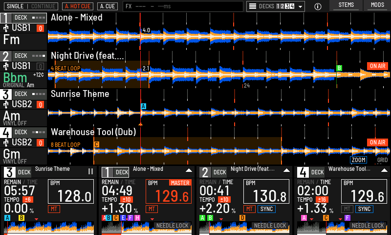 ON AIR marks and NEEDLE LOCK, with the playhead on the left