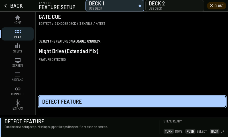 The setup page at its first step, checking gate cue. For smart cue it reads SMART CUE.