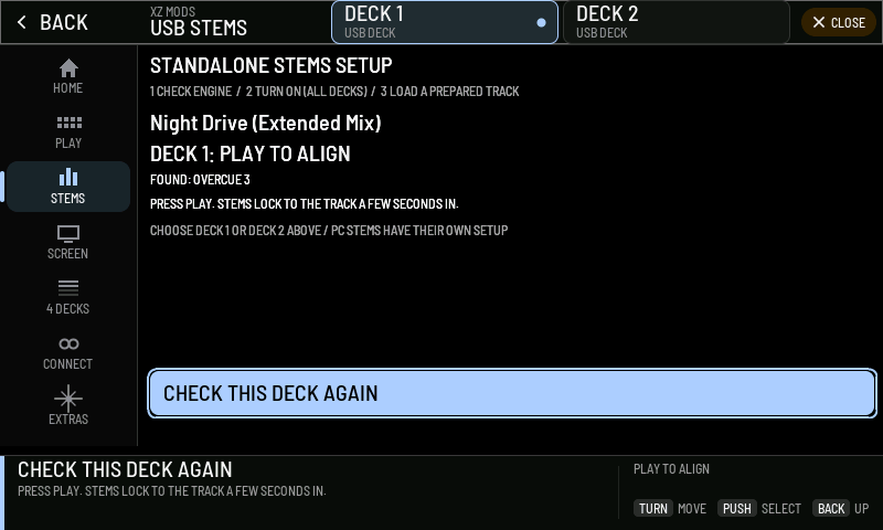 Deck 1 has found its OverCue stems and waits for PLAY.