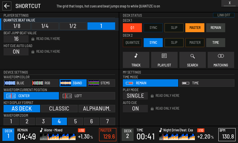 QUANTIZE BEAT VALUE as four choices, play mode and auto cue locked