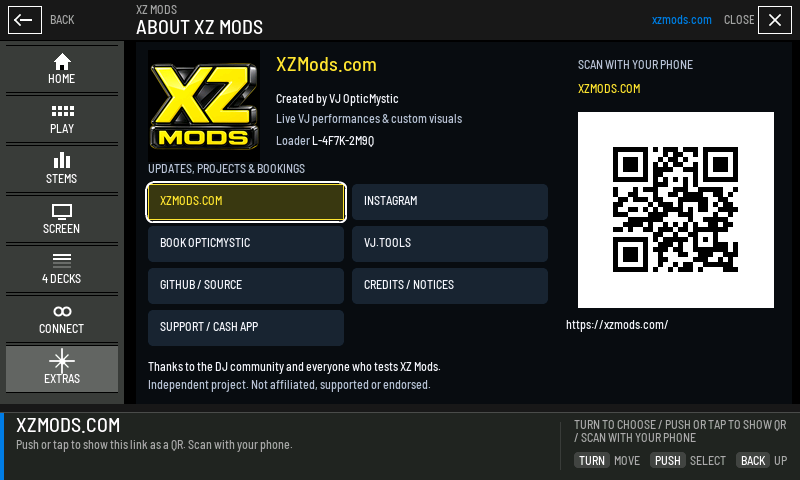 The About page with XZMODS.COM highlighted and its QR code shown.