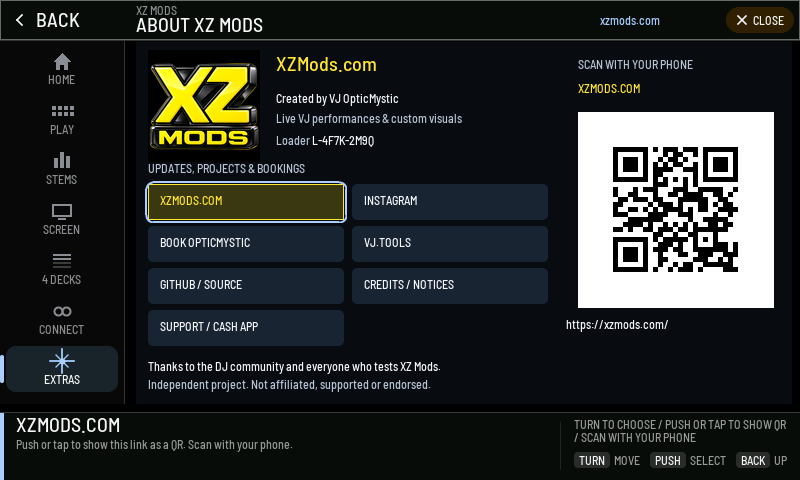 The About page with XZMODS.COM highlighted and its QR code shown.